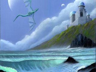 Dragon taking flight over breaking ocean waves, you can feel the wind and the spray of the water in this painting. In the distance is an exotic castle on the ill and two moons in the sky.