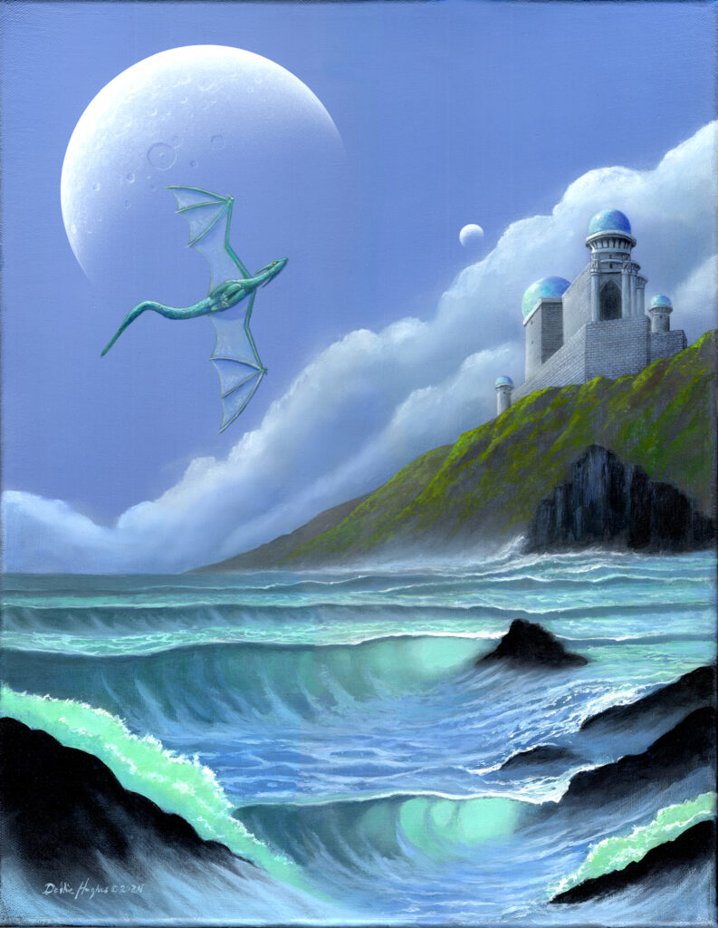 Dragon taking flight over breaking ocean waves, you can feel the wind and the spray of the water in this painting. In the distance is an exotic castle on the ill and two moons in the sky.