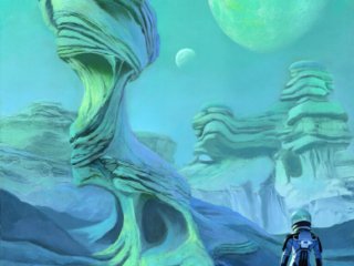 Woman Astronaut standing on a slope below an alien like rock structure. In the background are more alien rock formations with domes and in the sky is a moon and planet.
