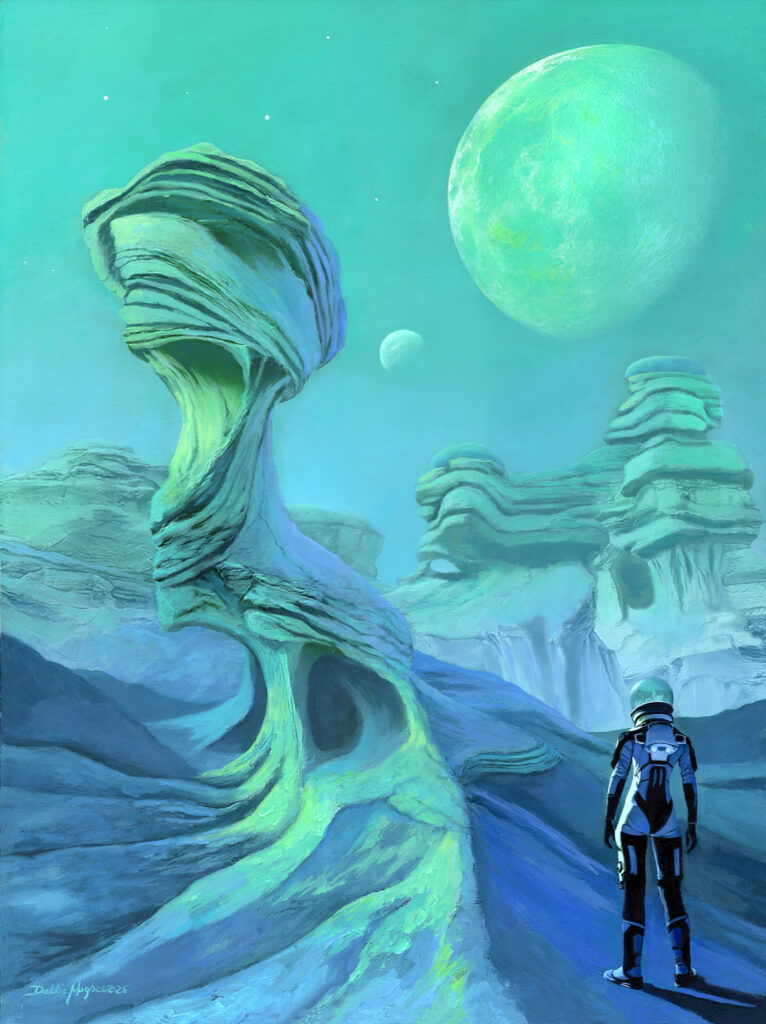 Woman Astronaut standing on a slope below an alien like rock structure. In the background are more alien rock formations with domes and in the sky is a moon and planet.