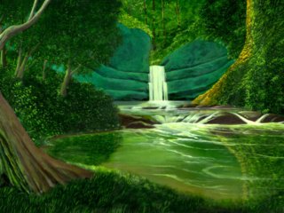 waterfall painting, fantasy landscape, river, waterfall, trees, forest