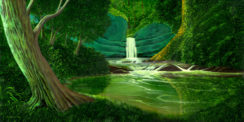 The Heart of the Forest © 2025 Debbie Hughes $1400 waterfall painting, fantasy landscape, river, waterfall, trees, forest
