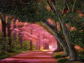 Magical Lord of the Rings Fantasy painting of a sun dappled road in late summer. This is a very textured impressionistic landscape