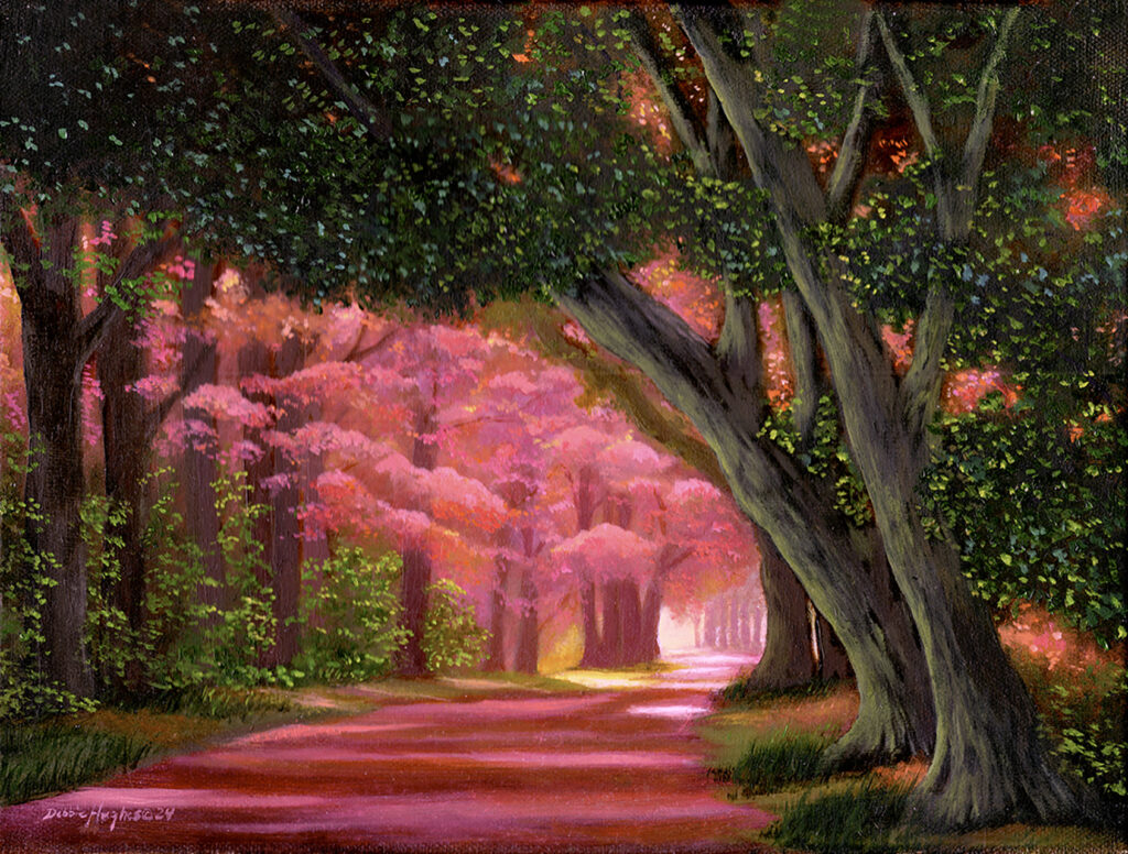 Magical Lord of the Rings Fantasy painting of a sun dappled road in late summer. This is a very textured impressionistic landscape