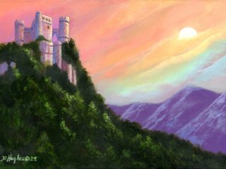 Fantasy oil painting of a castle atop a forested mountaintop, with the sun setting in the distance.