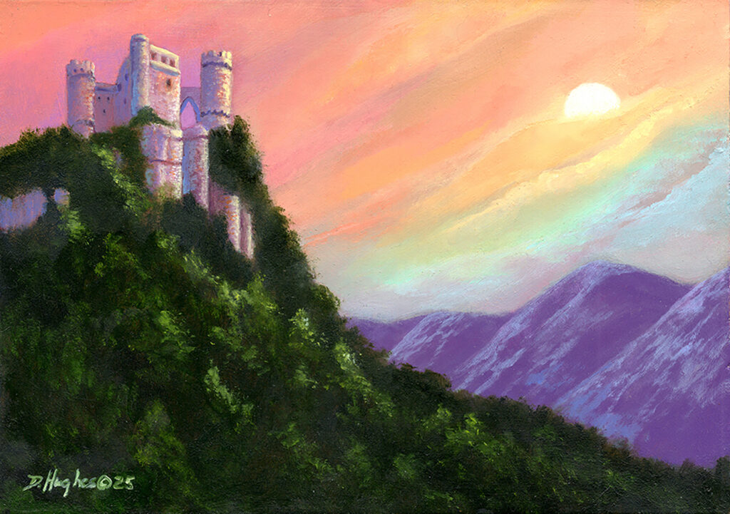 Fantasy oil painting of a castle atop a forested mountaintop, with the sun setting in the distance.