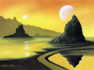 Golden rocky seashore with a moon and sun. science fiction, fantasy, oil painting, miniature, fantastic, painterly