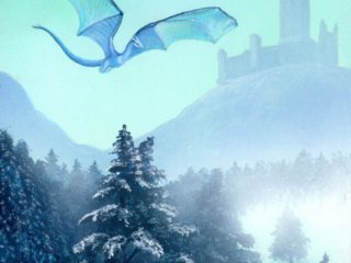 Winter snow landscape with snow covered pine trees and mountains. Above the tress flys a blue dragon and in the distance is a stone castle.