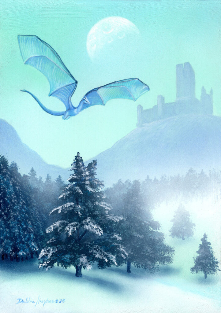 Winter snow landscape with snow covered pine trees and mountains. Above the tress flys a blue dragon and in the distance is a stone castle.